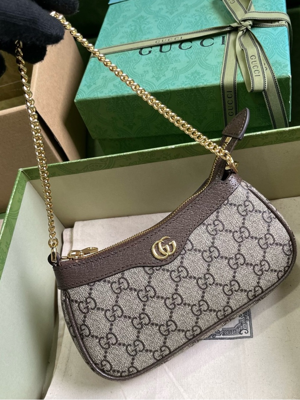 Gucci 'Ophidia' Brown Mini Textured Leather-Trimmed Printed Coated-Canvas